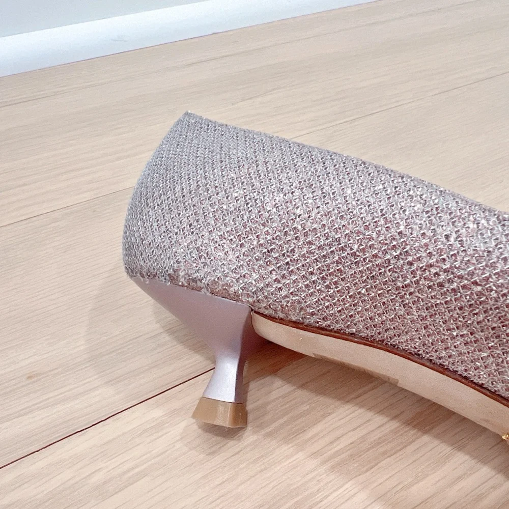Stuart Weitzman Eva 35 Kitten Heel Metallic Mesh Pump Rose Pink Pointed Toe 6B